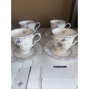 Discontinued Nikko Japan Blue Peony Floral Footed Teacup Saucer Set 4